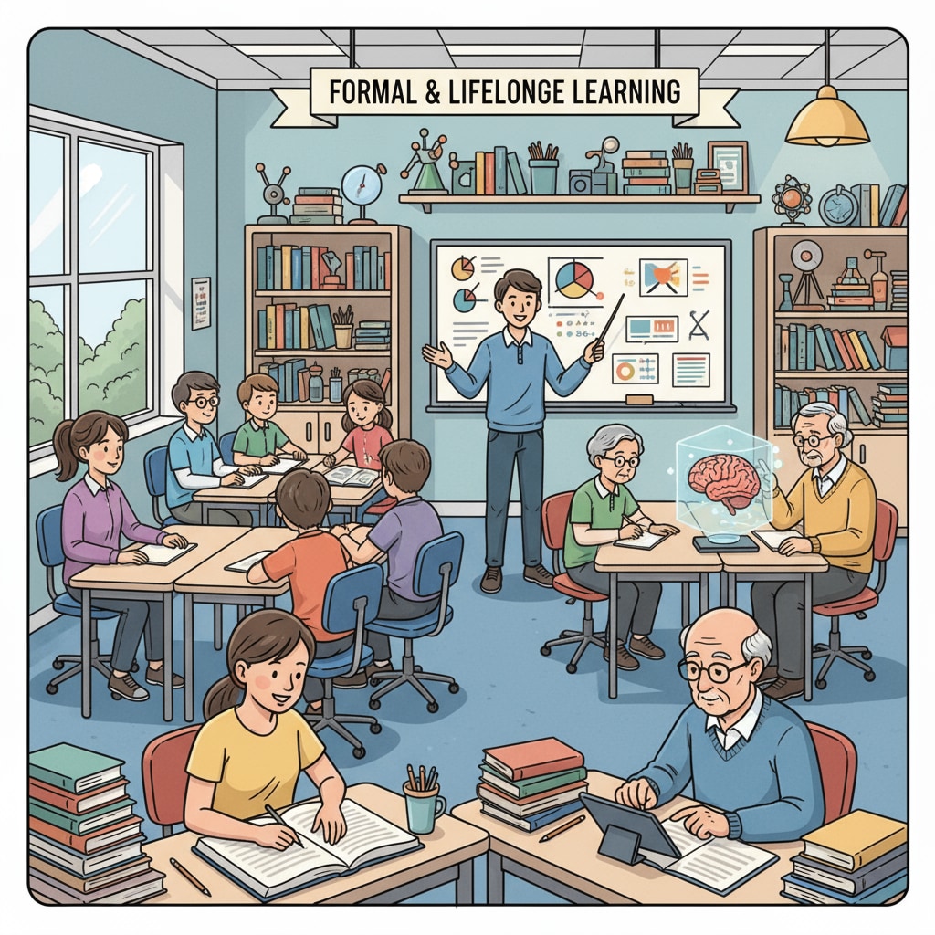 A classroom scene with students actively engaged in learning, symbolizing the importance of both formal and lifelong learning Classroom scene highlighting the significance of lifelong learning, formal education, and experience value