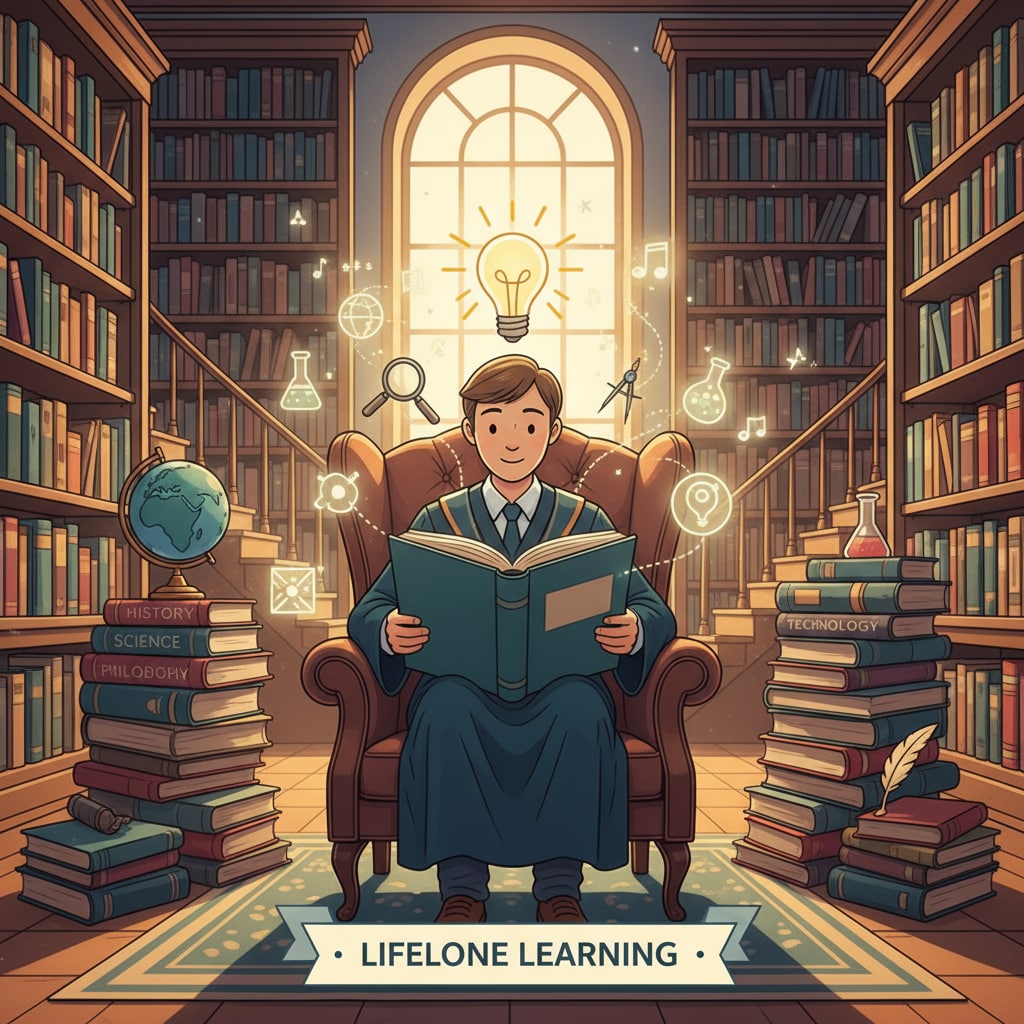 A person reading a book in a library, representing the spirit of lifelong learning Person reading in library, depicting the essence of lifelong learning, formal education, and experience value