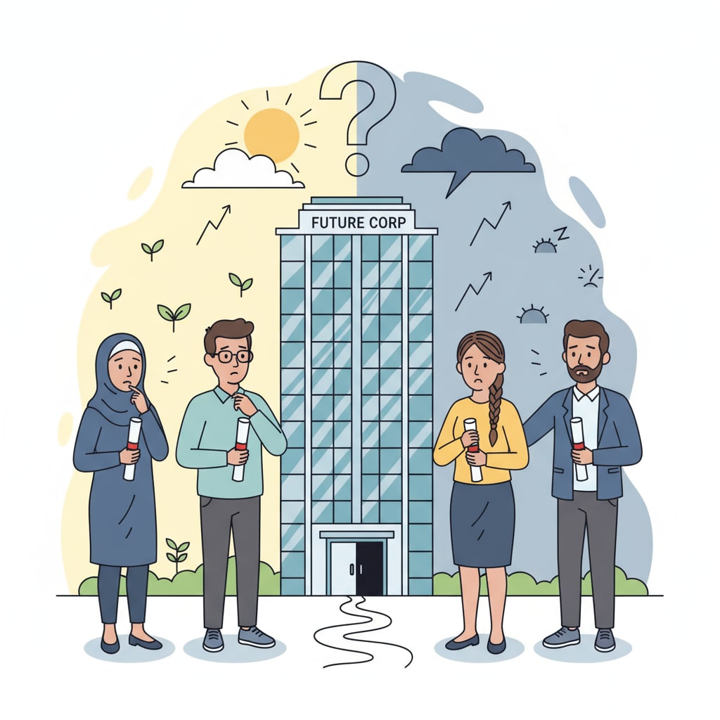 A group of fresh graduates holding their diplomas, looking a bit anxious while standing in front of a large corporate building, symbolizing their hope and uncertainty about entering the job market after graduation. Fresh graduates with diplomas in front of a corporate building, related to university grades, employment, and graduation