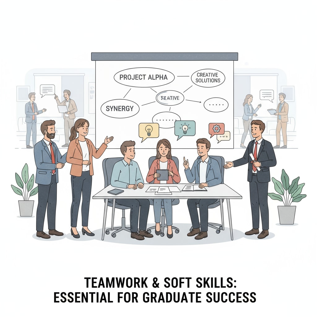 A team of employees working together in an open office environment, collaborating on a project, highlighting the importance of teamwork and soft skills in the job market for graduates. Employees collaborating on a project, relevant to university grades, employment, and graduation