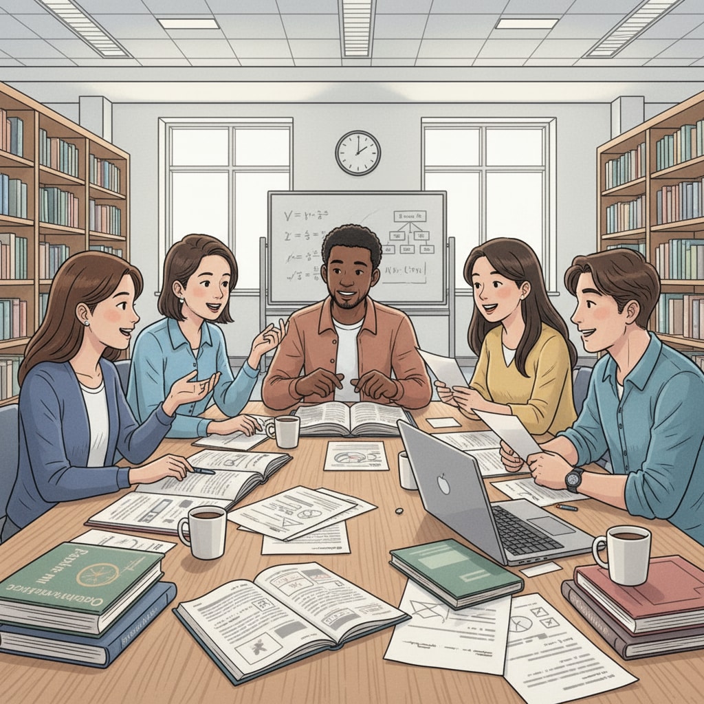 A group of students are engaged in a lively discussion around a table, with books and papers spread out, representing their exploration of various learning topics. Students discussing multi-domain learning topics
