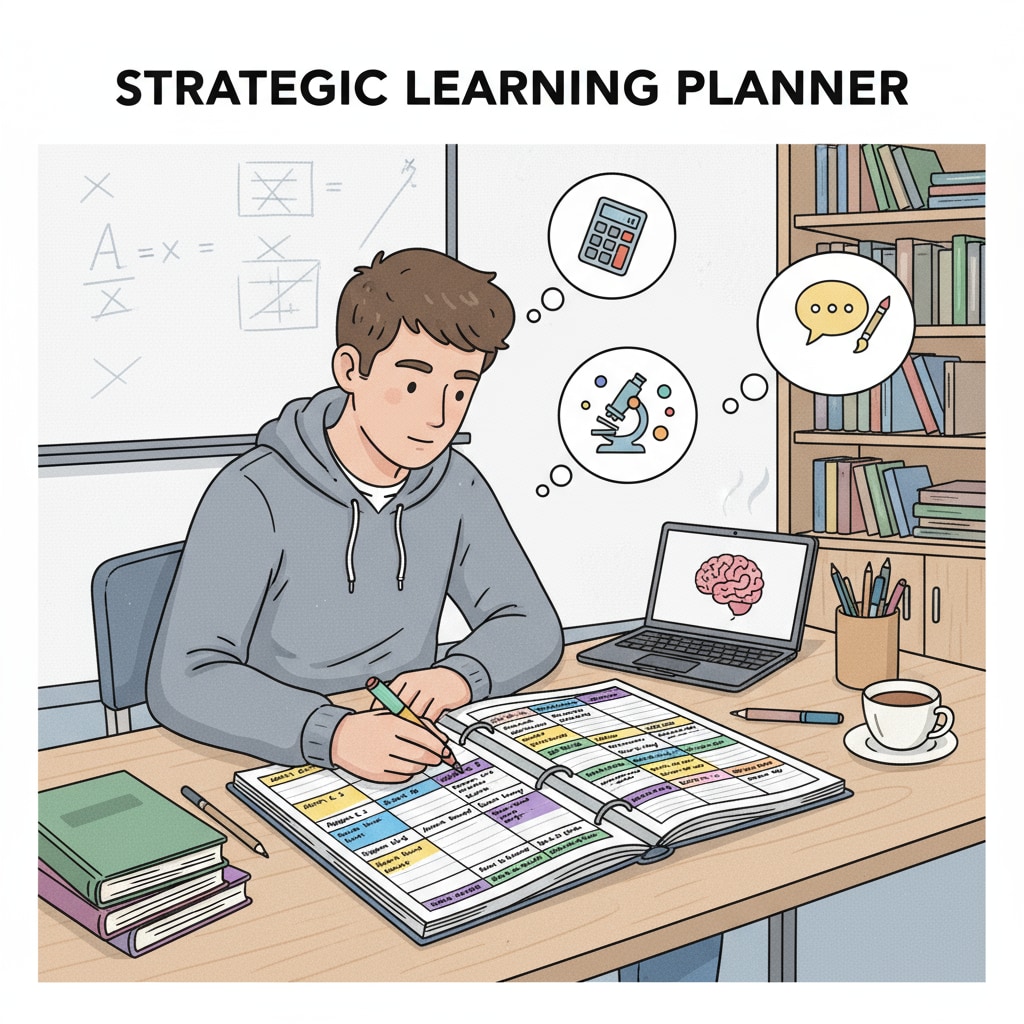 A student is sitting at a desk, using a planner to carefully map out their learning plan, highlighting different tasks for various knowledge domains. Student planning multi-domain learning