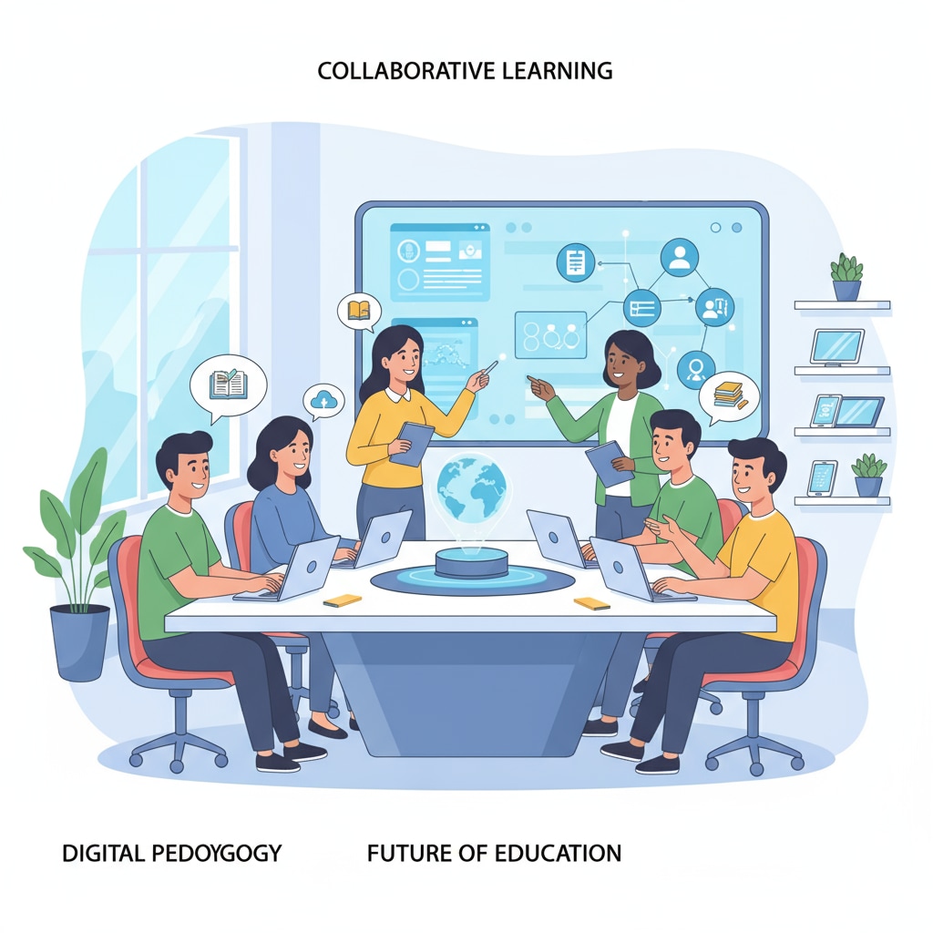 A group of teachers are using digital tools on their laptops in a modern classroom, showing a positive and productive working environment. Teachers using educational technology tools for time management in the classroom