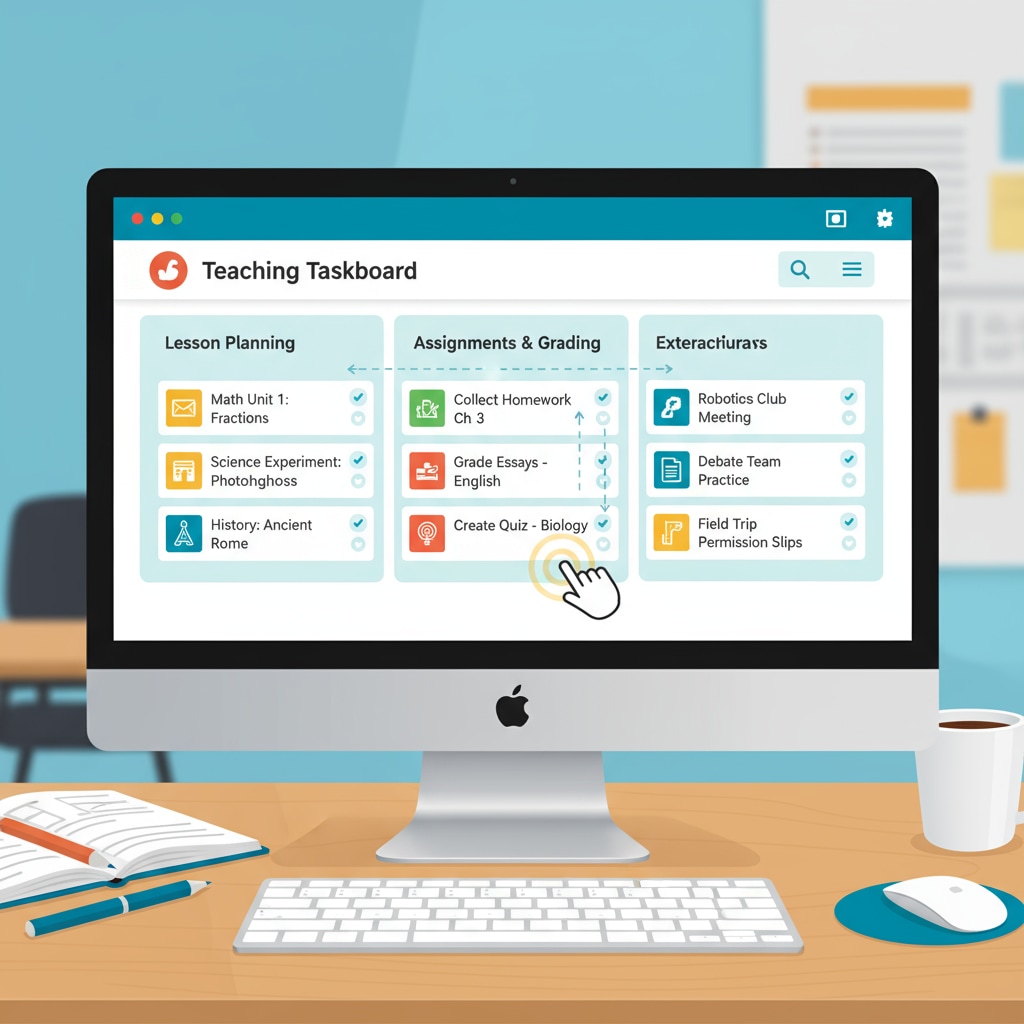 A teacher is using Trello on a computer screen to organize teaching tasks, with different boards and cards clearly visible. Teacher using a digital tool for time management in educational work