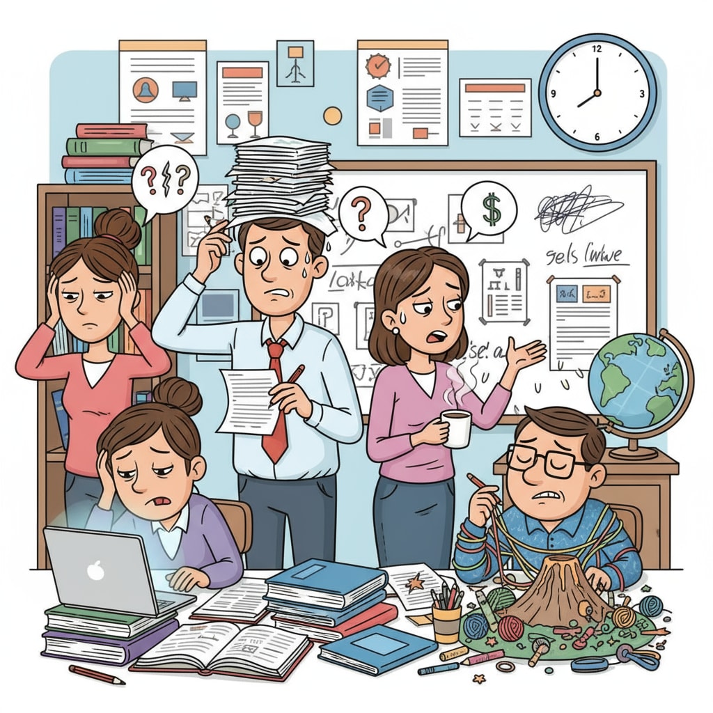 A group of K12 educators looking stressed while preparing lessons K12 educators showing signs of burnout due to heavy workload