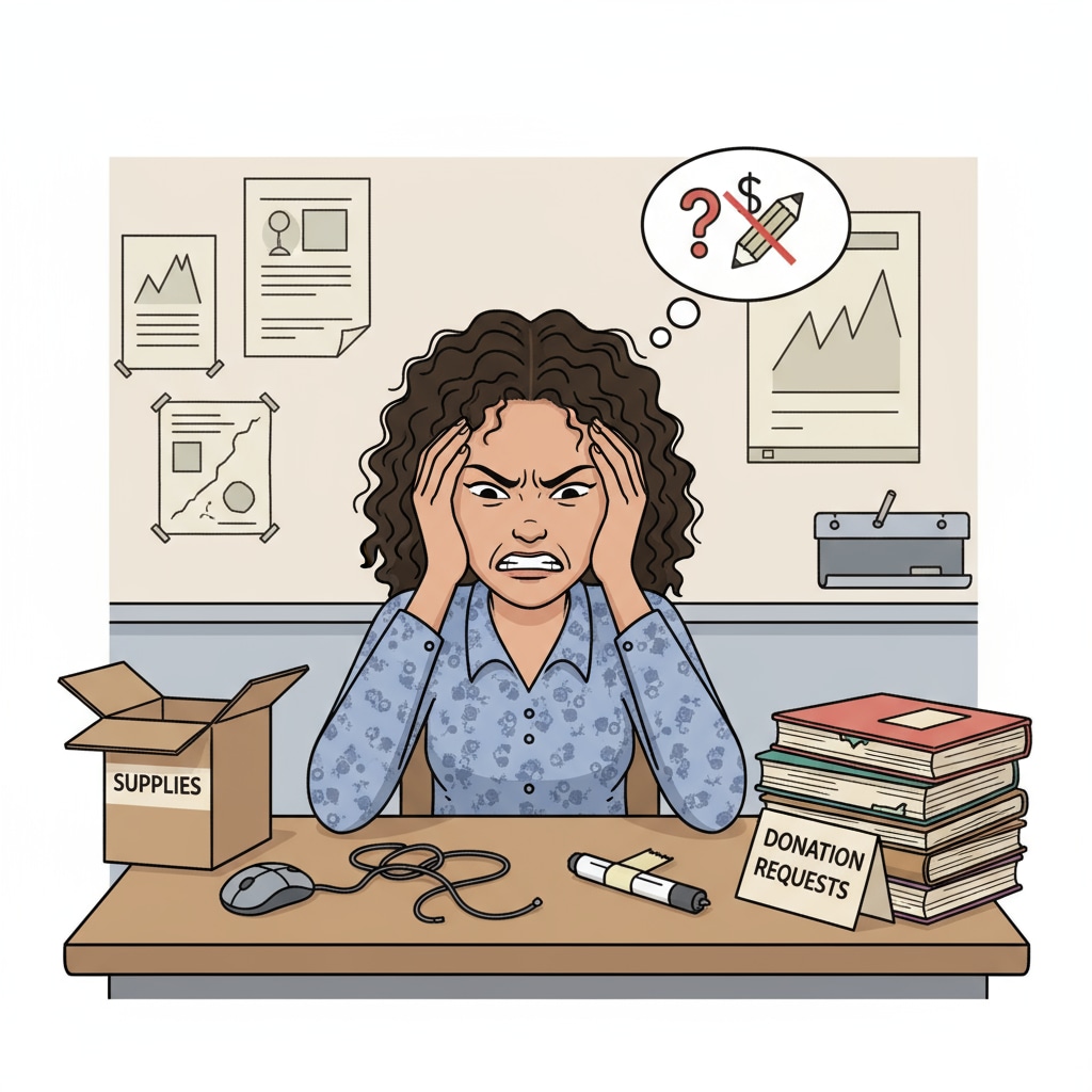 A K12 educator sitting at a desk, looking frustrated due to lack of resources K12 educator experiencing lack of work support and showing signs of burnout