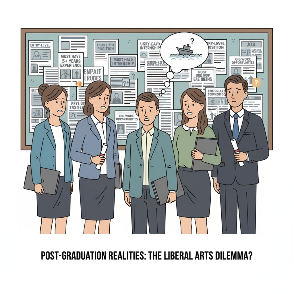 A group of liberal arts graduates are standing in front of a bulletin board filled with job advertisements, looking worried. Liberal arts graduates facing employment dilemmas