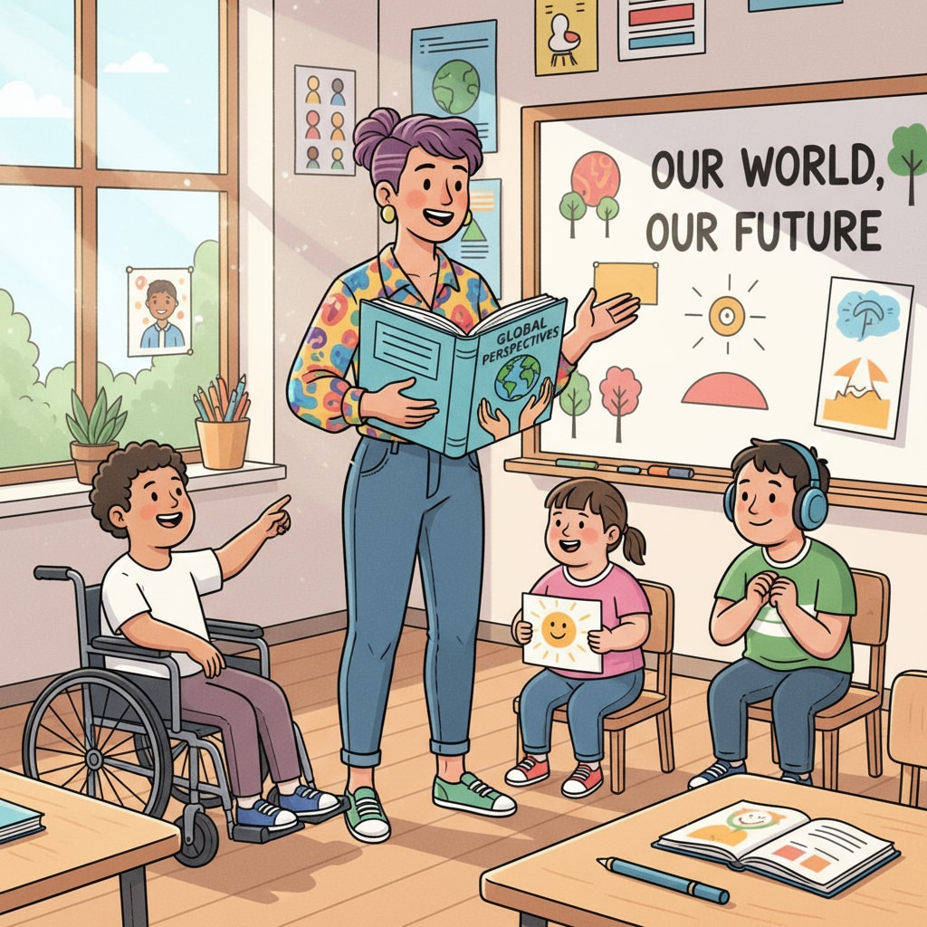 A young liberal arts graduate is smiling and interacting with several special needs students in a bright classroom. Liberal arts graduate's career transition to special education