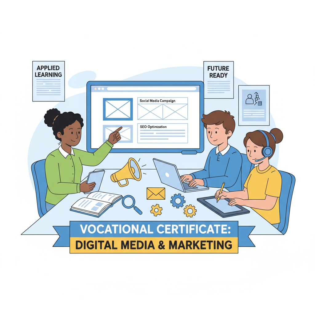 Students working on a digital marketing project related to their vocational certificate, highlighting the practical aspect of vocational training in K12. K12 students engaged in a digital marketing project for their vocational certificate, reflecting employment preparation and certificate value