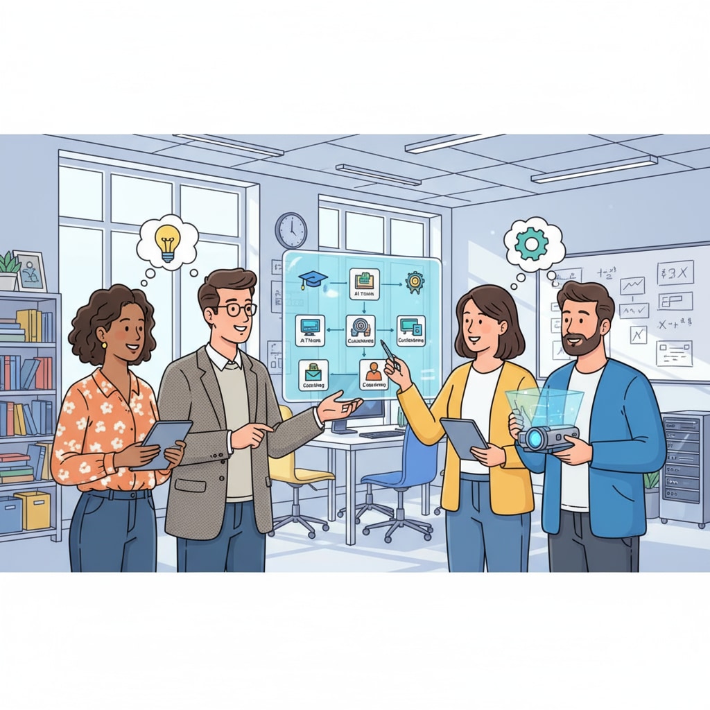 A group of teachers and computer scientists are engaged in a discussion, sharing ideas about educational technology tools. Teachers and computer scientists collaborating on educational technology for reduced workload and enhanced efficiency