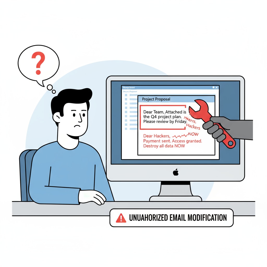 An illustration showing a person looking at a computer screen with emails, highlighting the concern of unauthorized email modification Illustration of concern over unauthorized email modification in the context of the federal union, Ministry of Education