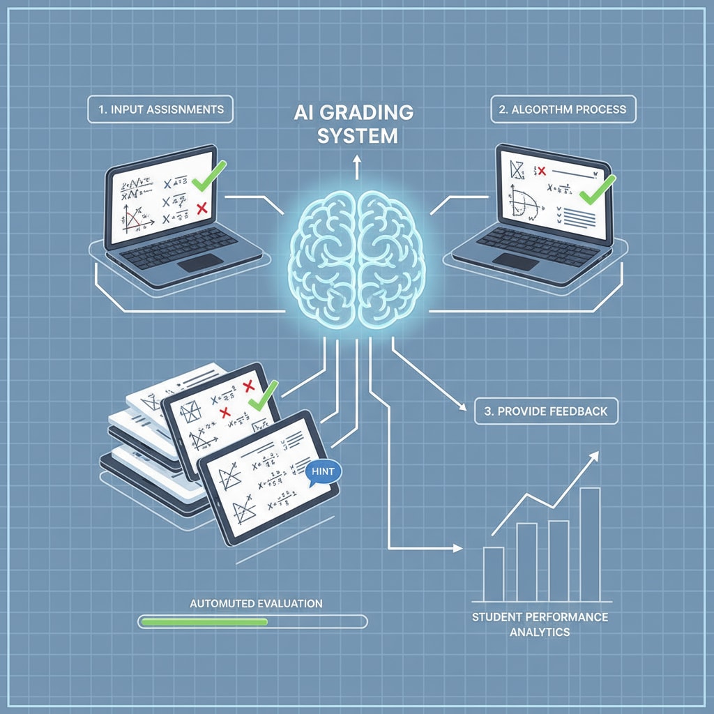 An illustration showing an AI system grading math assignments AI system grading math assignments for teachers' efficiency