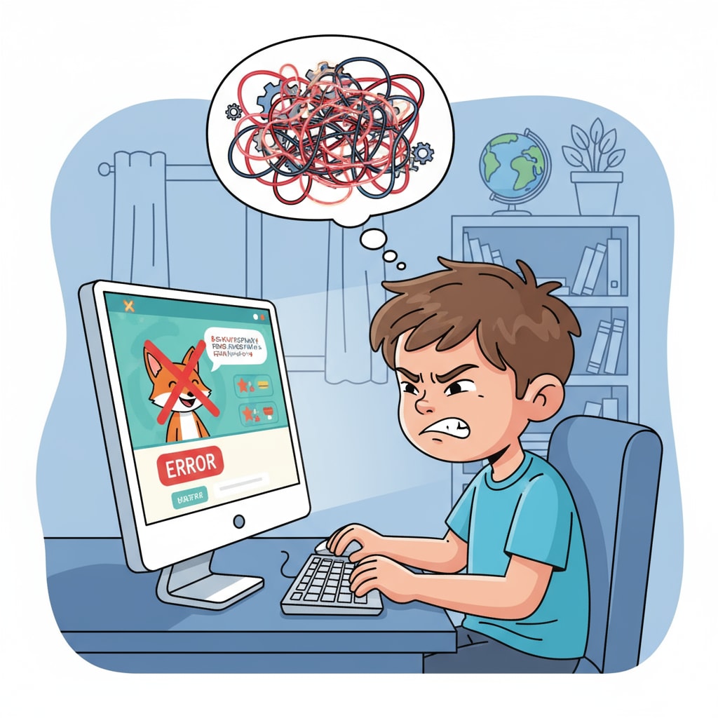 A child is sitting in front of a computer, looking frustrated while using a digital learning platform, indicating the difficulties faced in digital learning. A frustrated child using a digital learning platform, highlighting digital learning, insufficient learning resources, and parents' troubles.