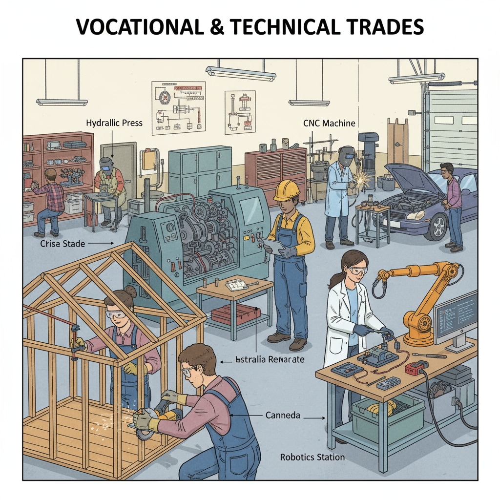 A group of students in a vocational and technical education workshop, actively engaged in hands-on learning. They are working on various projects related to their chosen trades, such as building structures or repairing machinery. Students in vocational and technical education workshop showing high return on investment potential