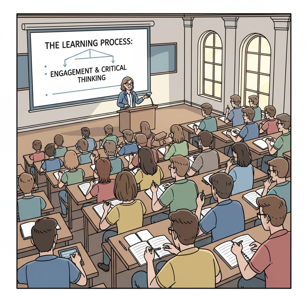 Students in a higher education lecture hall, listening intently to the professor. The lecture hall is filled with students taking notes and participating in the learning process. Higher education students exploring their investment in learning