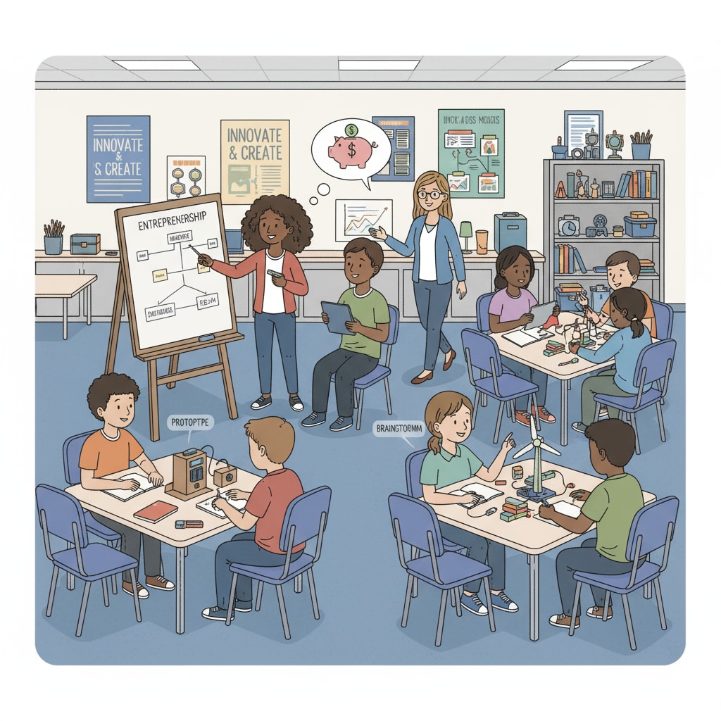 A classroom scene shows students actively engaged in hands-on projects related to entrepreneurship, with desks arranged in groups and students discussing ideas and working on prototypes. Students engaged in entrepreneurial thinking and practical learning in a K-12 classroom