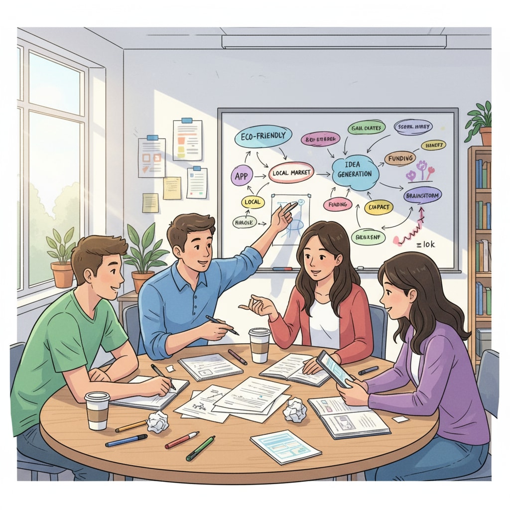 A group of students are gathered around a table, brainstorming ideas for an entrepreneurial project. They have papers, pens, and a whiteboard with scribbled ideas, demonstrating the process of creative thinking. Students brainstorming ideas for an entrepreneurial project as part of K-12 education reform