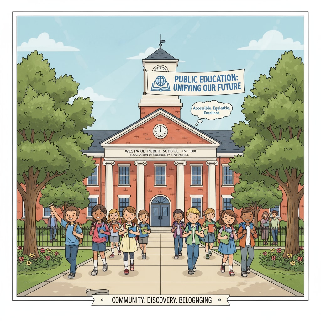 A group of students walking into a traditional public school building, symbolizing the importance of traditional public education in the context of school choice debates. Students entering a traditional public school building in the context of school choice and conservative views on education