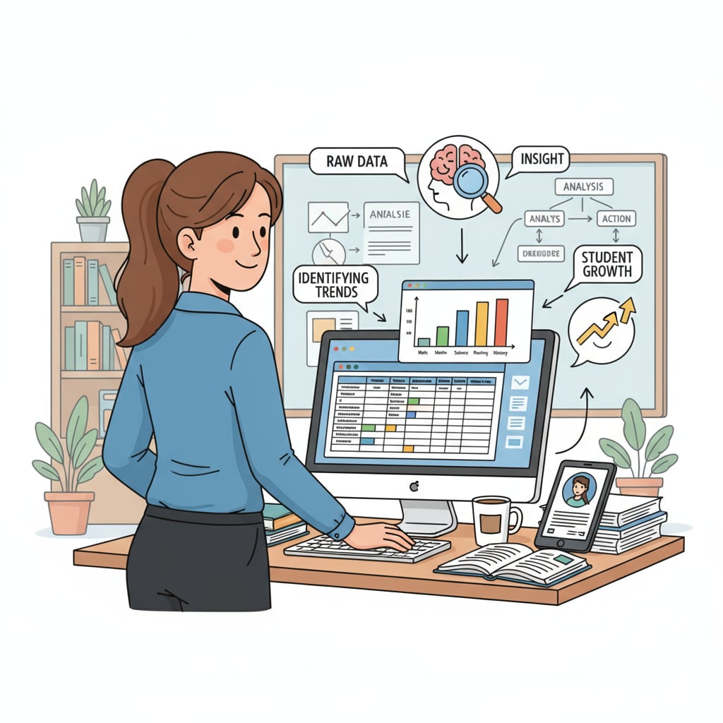 A teacher analyzing students' test score data on a computer, showing the process of educational data analysis. Teacher analyzing test score data, relevant to outliers, test scores, and data analysis.
