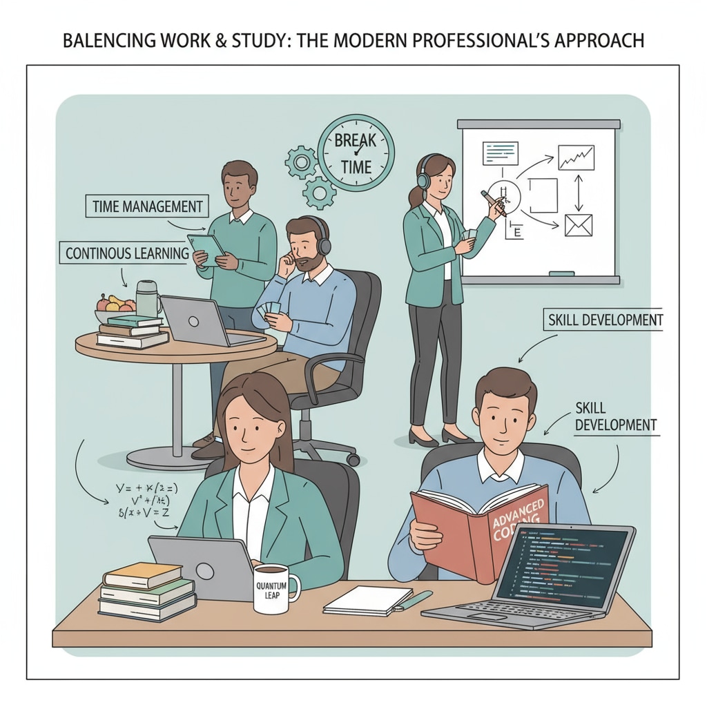 A group of professionals are shown studying during their breaks in the office, highlighting the balance between work and study. Professionals balancing work and education for career development