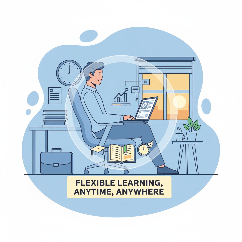 A person is depicted studying an online course on a laptop, demonstrating the flexibility of online learning for working individuals. Person pursuing continuing education through an online course for career growth
