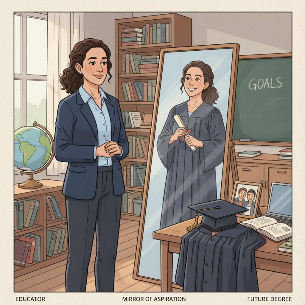 An educator is standing in front of a mirror, looking at a graduation cap and gown laid out on a nearby table, with a thoughtful expression, symbolizing the anticipation of completing a degree. Educator considering the significance of a University of Phoenix free degree for career growth