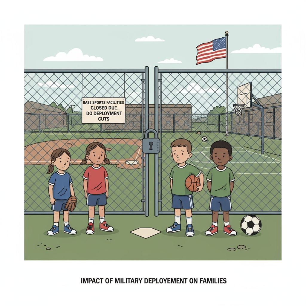 A group of military children looking disappointed as they stand near closed sports facilities Military children disappointed due to government shutdown affecting DODEA sports activities