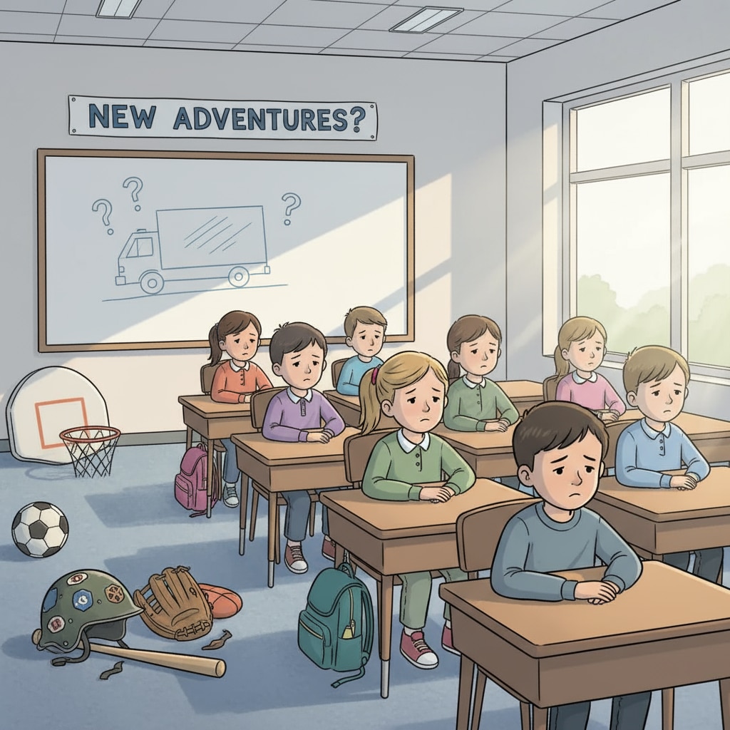 Military children sitting in a classroom, looking glum, with sports equipment in the corner Military children sad in classroom because of government shutdown's impact on DODEA sports