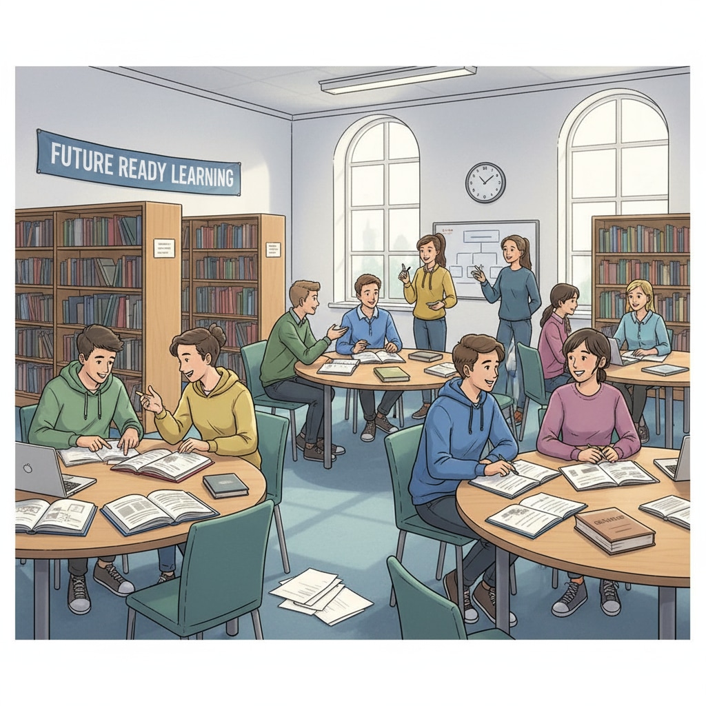 A group of students studying in a UK further education college. There are desks, books, and students engaged in discussions. Students in a UK further education college studying as part of their education recovery journey