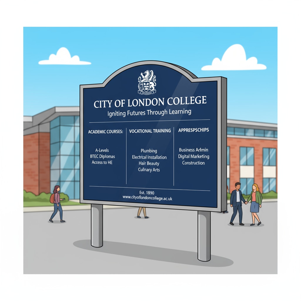 A signboard of a well-known UK further education college, showing the name and some of the courses offered. Signboard of a UK further education college relevant to dropout education recovery