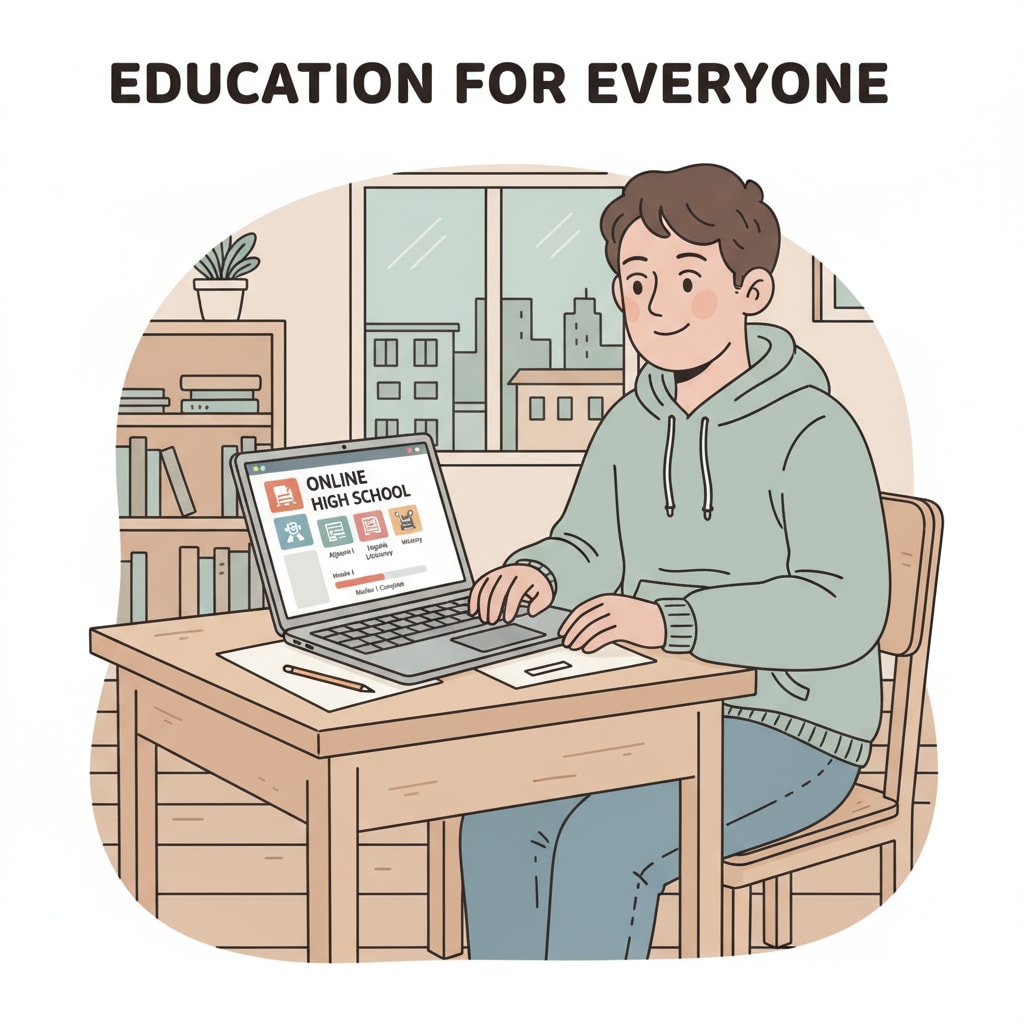 A low-income adult is shown sitting at a simple desk, with a laptop open displaying online high school courses. A low-income adult studying online high school materials