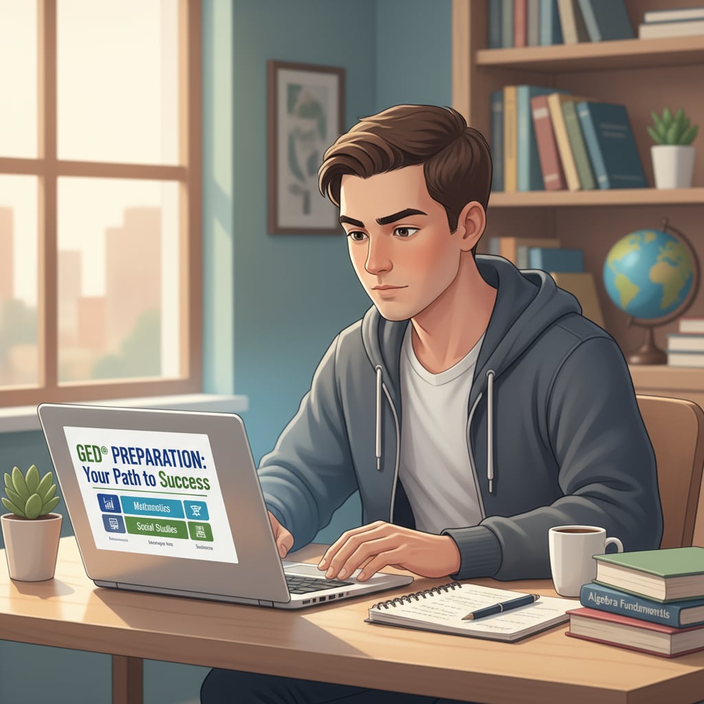 A person is sitting in front of a laptop, intently studying GED preparation materials on the screen. A person studying GED materials on a laptop