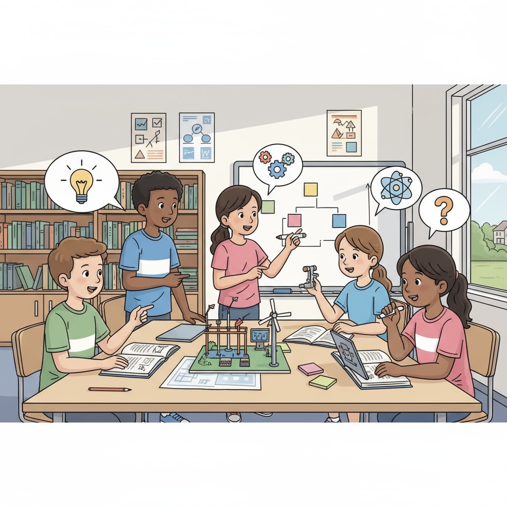 A group of students collaborating on a project-based learning task, discussing ideas and working together to achieve a common goal. Students engaged in project-based learning to combat student burnout and explore alternative homework solutions.