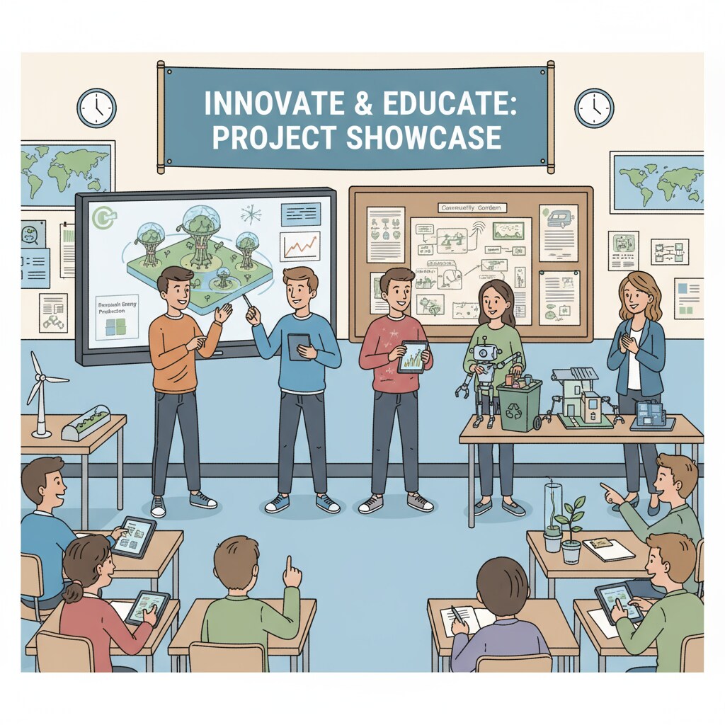 Students presenting the results of their project-based learning, showing their creativity and knowledge gained through the process. Project-based learning results presentation as an alternative to traditional homework to address student burnout.
