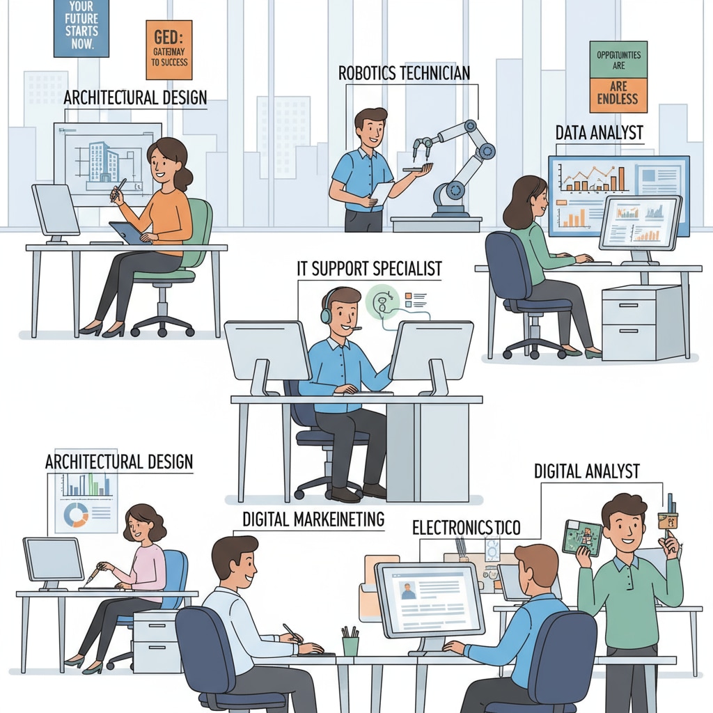 A modern office setting with people working at their desks, showing the diverse career opportunities available for GED holders Office scene depicting career opportunities for GED holders