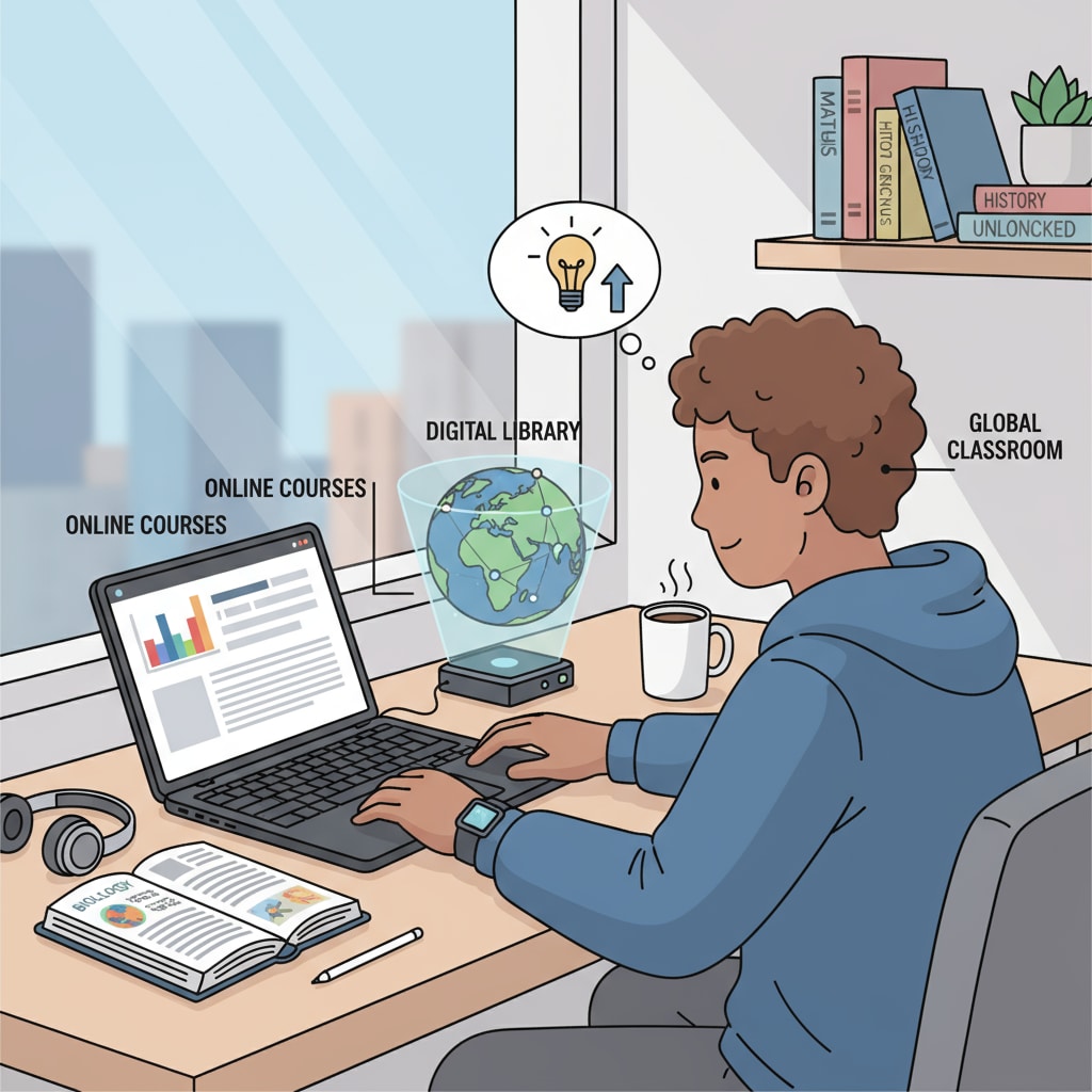 A person is sitting at a desk, studying on a laptop, with various educational materials around. The scene depicts the convenience of online learning. A person engaged in online learning for education completion, working towards a high school diploma or further degree.