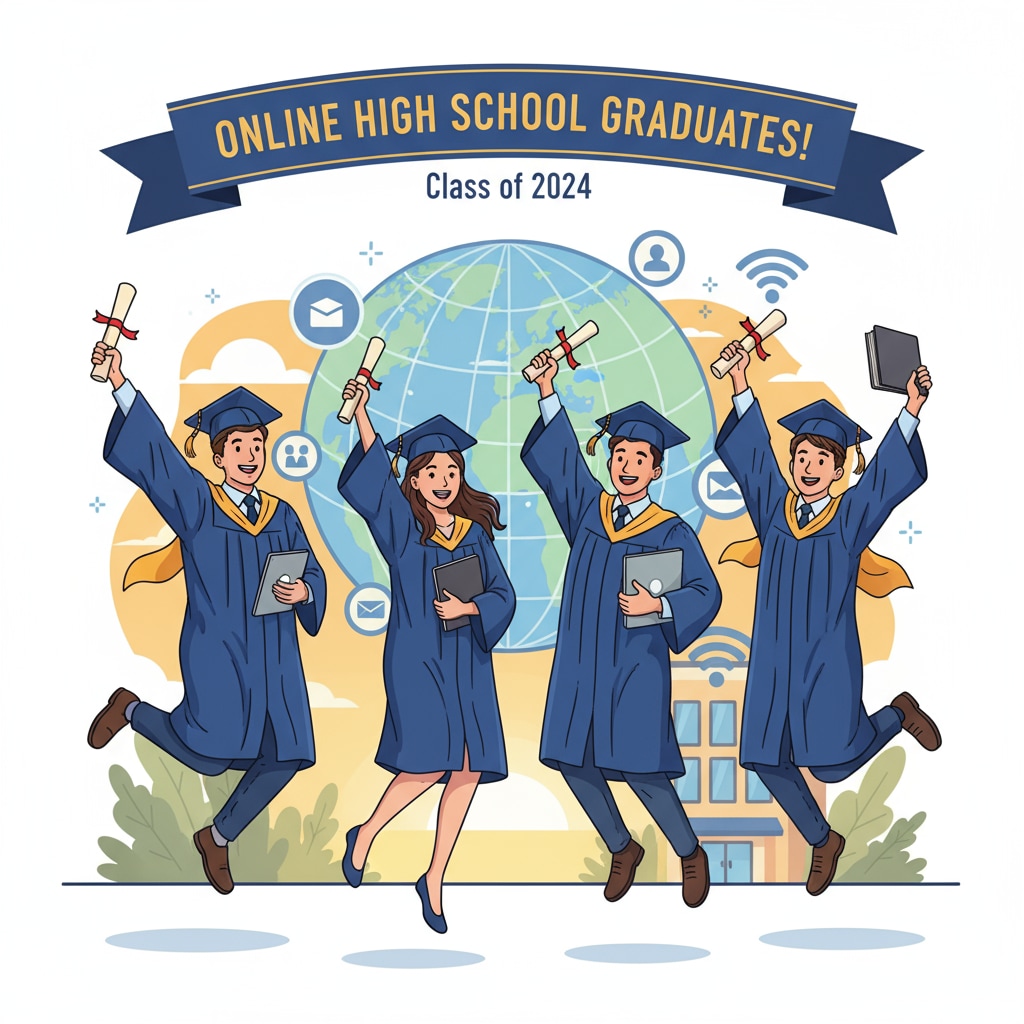 A group of students are shown celebrating their graduation from an online high school program, holding diplomas. Students graduating from an online high school program, achieving their education completion goal of obtaining a high school diploma.