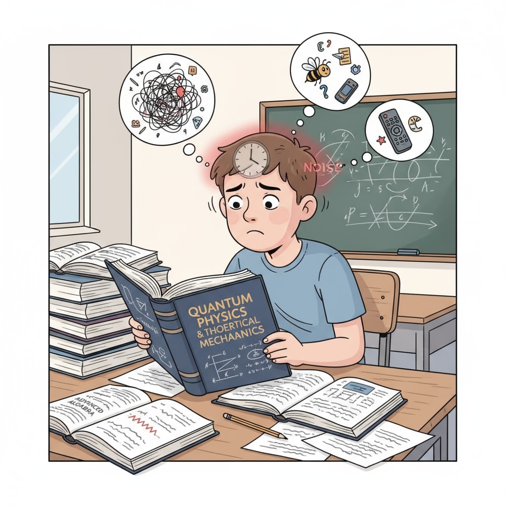 A student with attention deficit is sitting at a desk, looking at textbooks about theoretical knowledge with a confused expression, trying to concentrate but finding it difficult. A student with attention deficit struggling with theoretical knowledge
