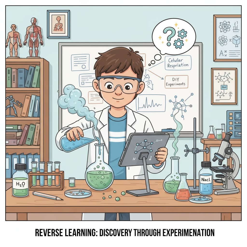 A K12 student is conducting a science experiment, following the reverse learning method, showing curiosity and engagement. K12 student using reverse learning method in a science experiment
