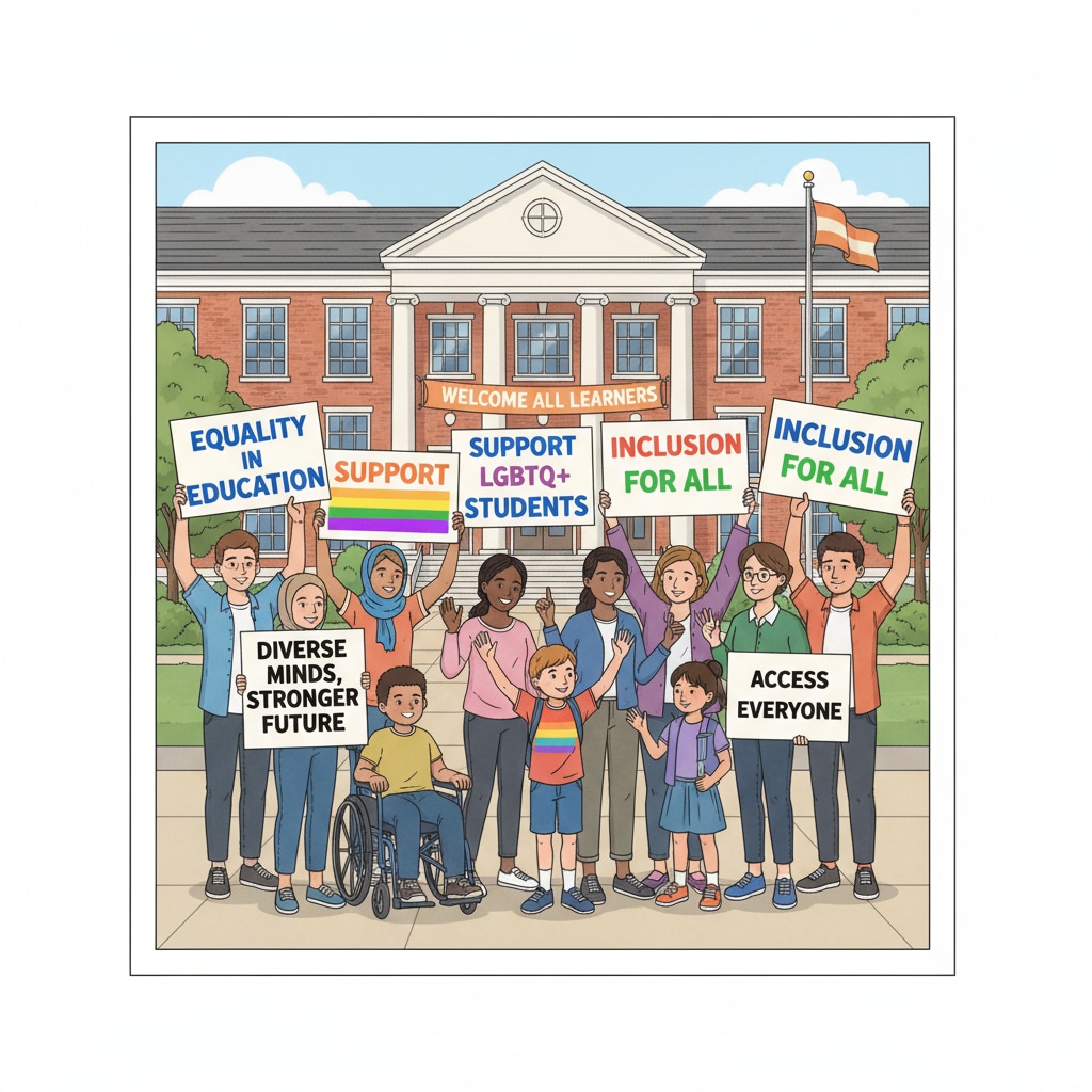 A diverse group of people holding signs with messages like A group advocating for LGBTQ+ rights in an educational setting to counter far - right influence