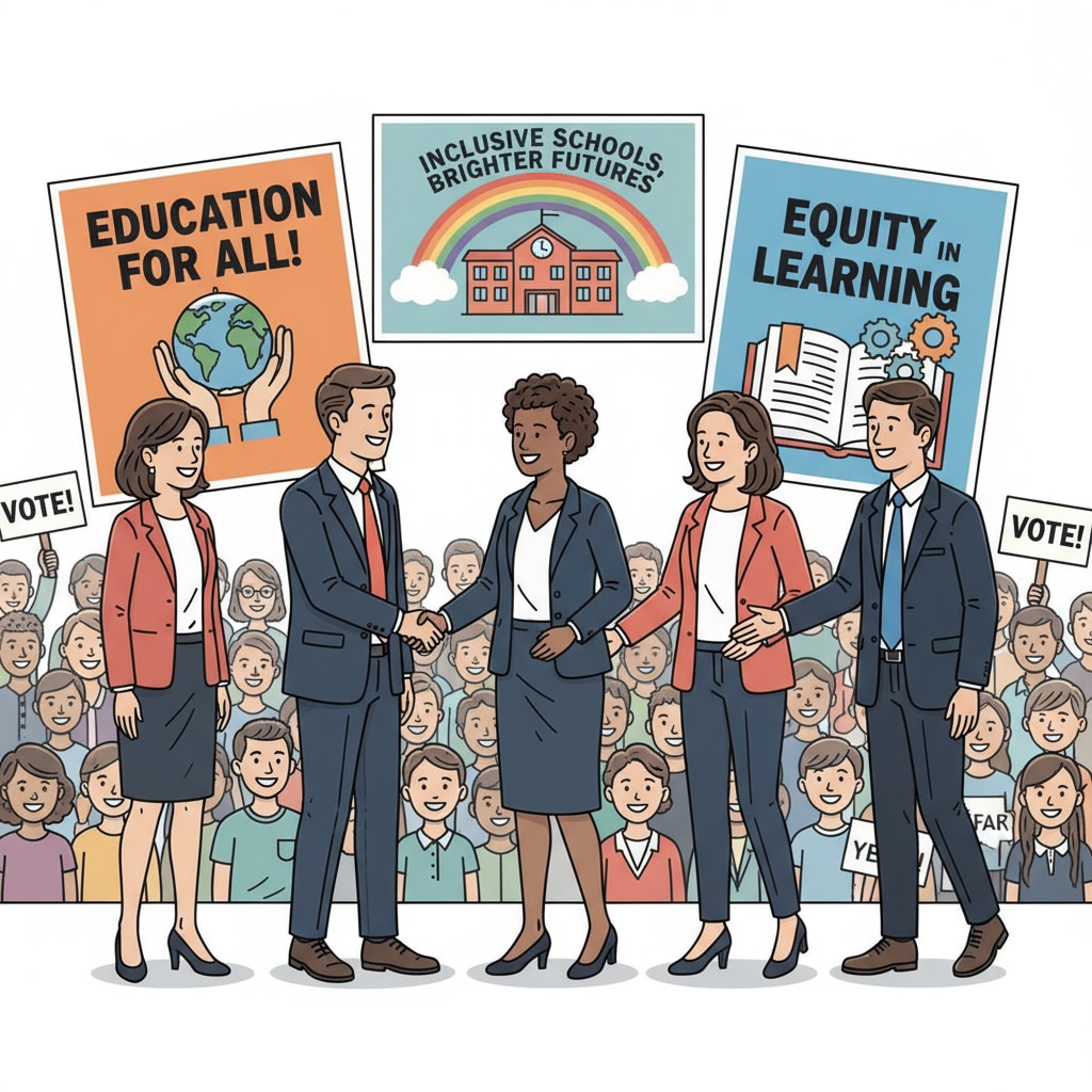 A group of LGBTQ+ candidates are smiling and shaking hands during a school board election campaign event. There are posters around them with slogans related to inclusive education. LGBTQ+ candidates running for school board to promote inclusive education against far - right policies