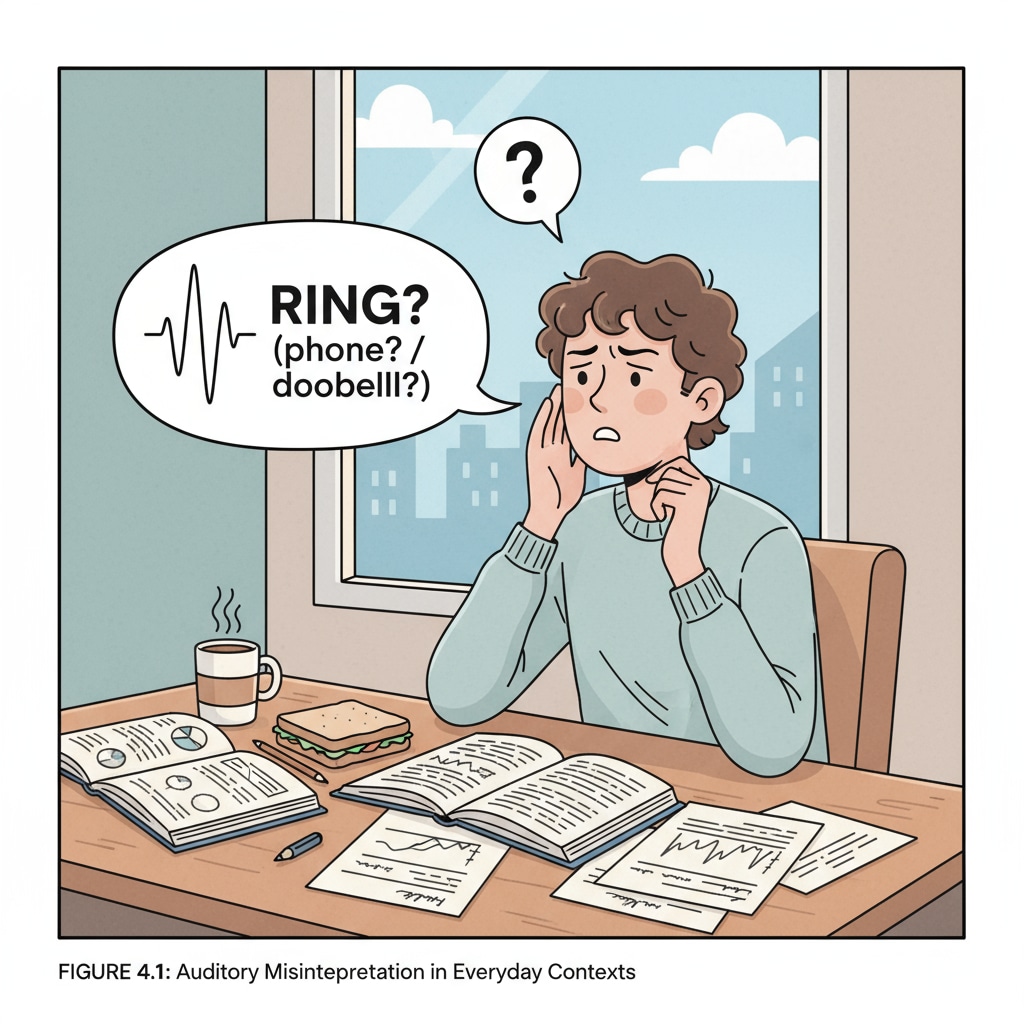 A person is sitting at a desk, looking a bit confused as they hear a sound that could be misinterpreted. There is a window in the background, and some papers are scattered on the desk. A person confused by a sound that could be either a violin or crying