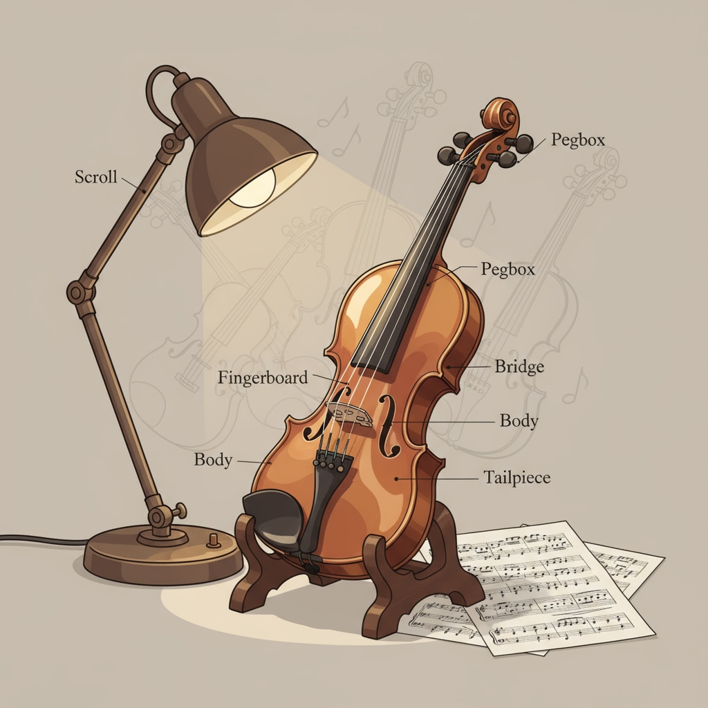 A violin is placed on a wooden stand. The violin has a shiny finish, and the light from a nearby lamp is highlighting its curves. There are some music sheets placed beside the stand. A violin on a stand, related to the sound misinterpretation story