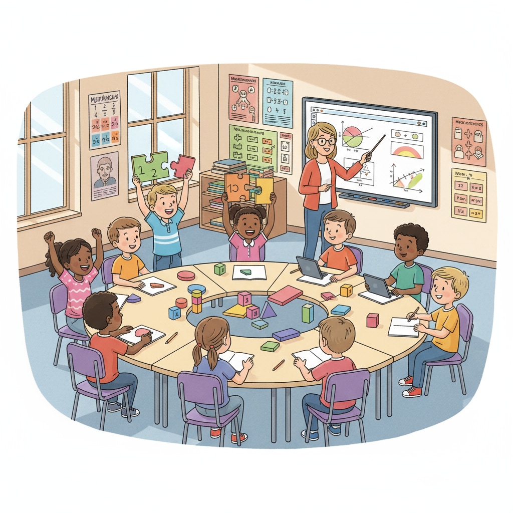 A group of 9-year-old children are participating in a math-related activity in a classroom setting, showing enthusiasm and engagement. 9-year-old children engaged in a math learning activity to overcome math difficulties