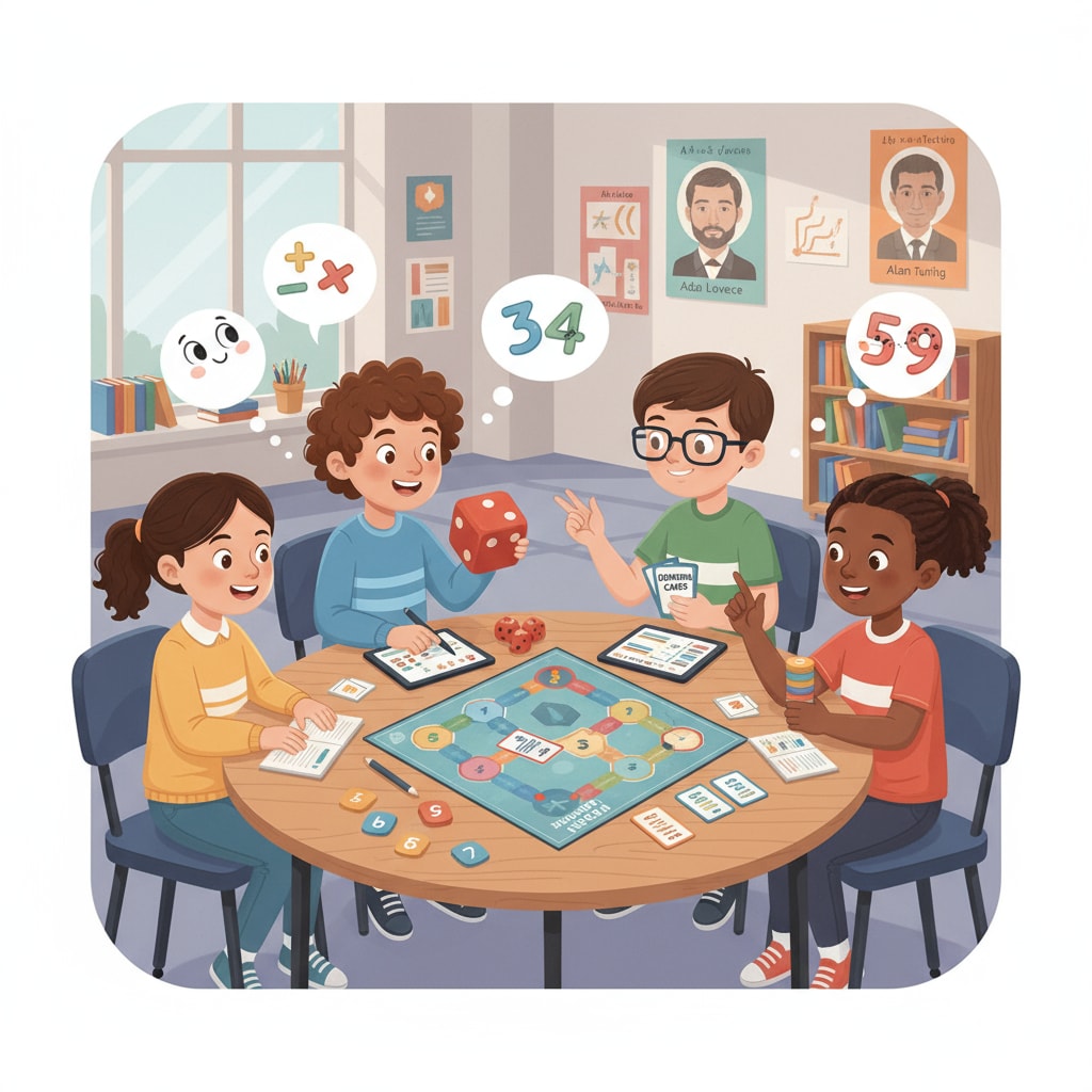 Children are gathered around a table, playing a math board game. They are concentrating on calculating numbers and enjoying the process. Children playing a math board game to enhance their math skills and overcome difficulties