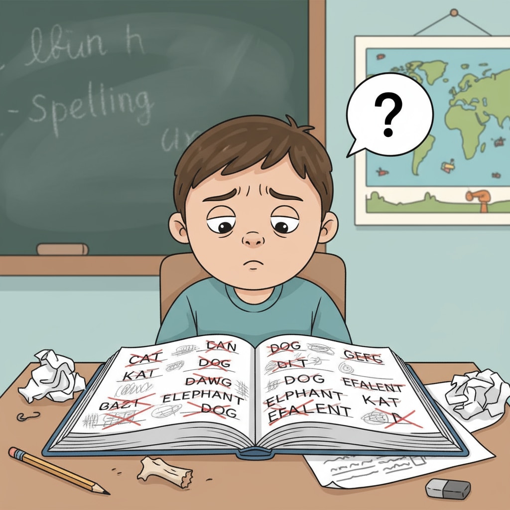 A child with an unfocused expression is looking at a spelling book with a lot of crossed-out words on the desk, showing the struggle in spelling. ADHD child struggling with spelling at a study desk