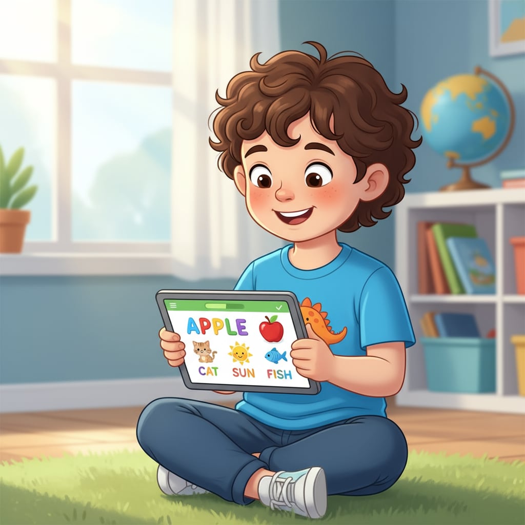 A young child is smiling while using a tablet with a spelling learning app界面 showing colorful words and pictures. A child using a spelling learning app on a tablet