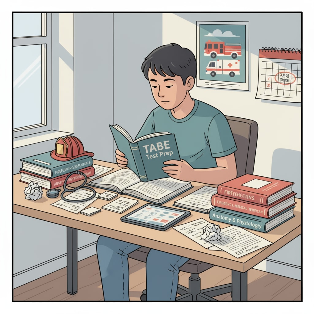 A young person is sitting at a desk, focusing on studying for the TABE test. There are books and papers related to firefighting and EMT training scattered around, showing their dedication to preparing for the test and their future career. A young person studying for the TABE test in the context of firefighting and EMT training