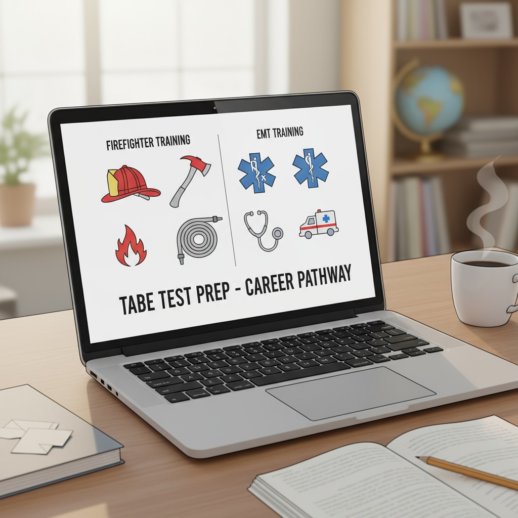 A person is using a laptop to access online study materials for the TABE test. The screen displays images of firefighting equipment and EMT training symbols, indicating the connection between the study materials and the desired career path. A person accessing online TABE test study materials related to firefighting and EMT training