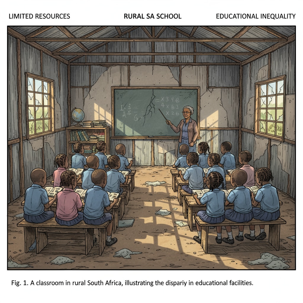 A classroom in a rural South African school with basic and insufficient facilities, showing the resource inequality in education. Education inequality in South Africa - Resource allocation issue in a rural classroom
